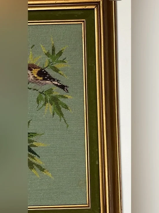 Vintage Framed Petit Point Needlework – Two Birds on Bamboo ,Made in Mexico 1997 - Picture 12 of 17